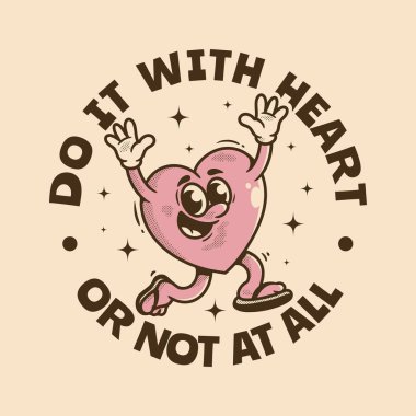 Kolları havada, gülümseyen, ışıltılı ve kalın alıntılarla çevrili eski pembe kalp karakteri bej arka planda ya da hiç..