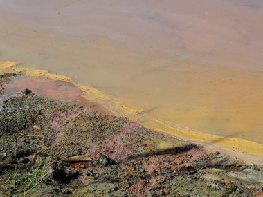 Kirli su yüzeyi kirlenmiş gölet sarı kahverengi çamurlu suyla balıksız ve doğal yaşamın diğer belirtileri olmadan