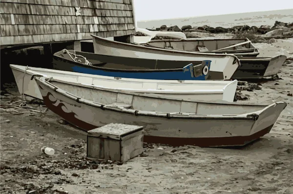 Ilustração Vetorial Barcos Remos Praia Ilha Monhegan Maine —  Vetores de Stock