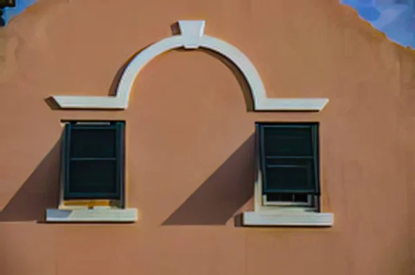 Duas Janelas Com Moldagem Decorativa Parede Estuque Com Sombras Fortes — Fotografia de Stock