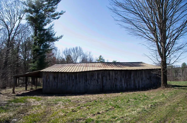 Ackerland Mit Baumgrenze Mit Blauem Himmel Und Schuppen — Stockfoto