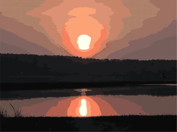 Rysunek Wektora Zachodu Słońca Nad Linią Drzew Rzeką — Wektor stockowy