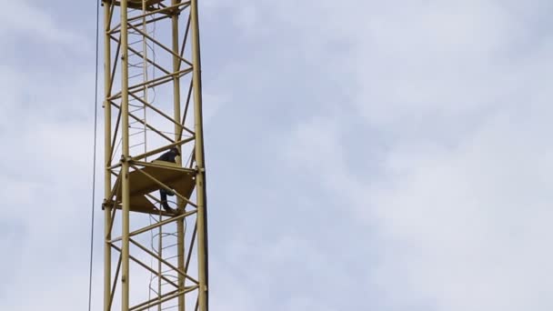 Construction. L'homme monte sur la grue .