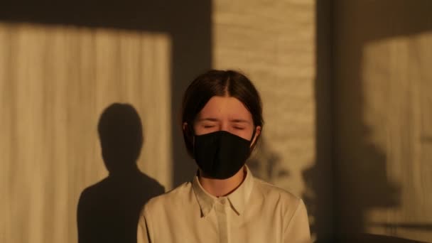 Girl Closed Eyes Takes Her Black Mask — Stock Video