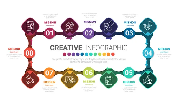 Çember Infographic ince çizgi tasarımı ve 8 seçenek veya adım. İş kavramı için bilgi grafikleri. Sunumlar için kullanılabilir pankart, iş akışı düzeni, işlem diyagramı, akış şeması.