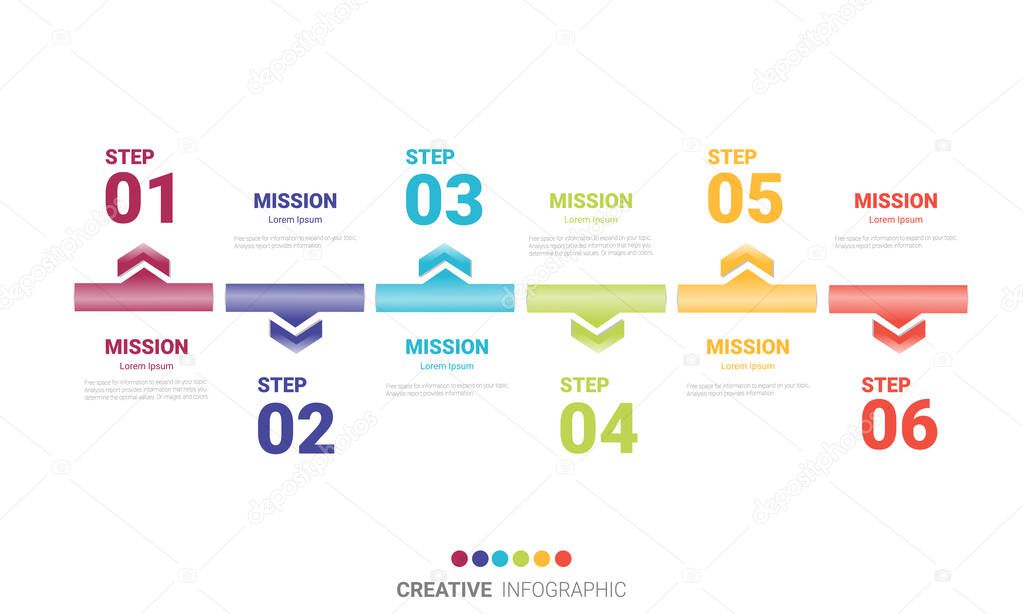 Timeline Infographics Template, Vector infographics timeline design template with 6 steps, Vector illustration, can be used for workflow layout, diagram, number step up options.
