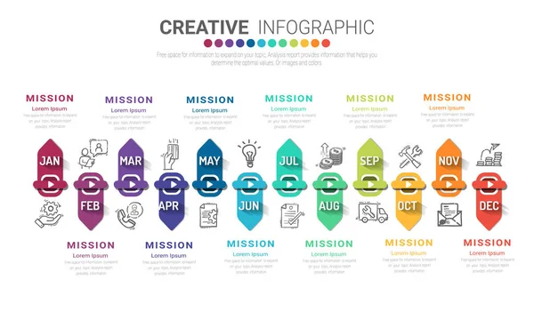 Έτος Planner Μήνες Χρόνο Timeline Infographics Σχεδιασμό Διάνυσμα Και Παρουσίαση — Διανυσματικό Αρχείο