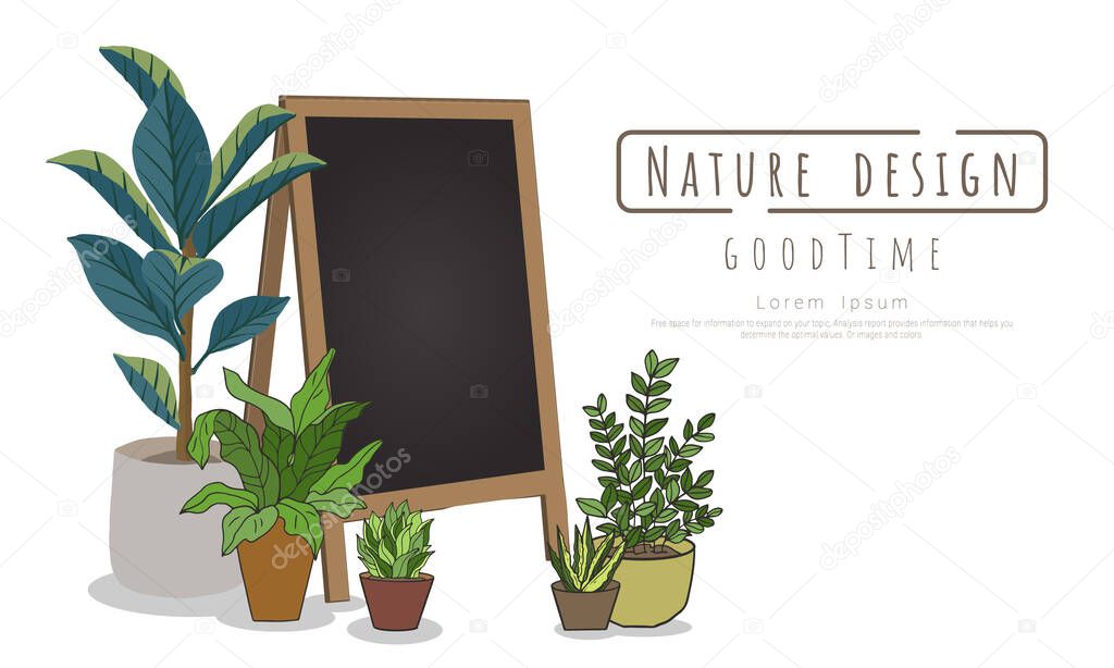 Potted plants with Black board for writing messages, Indoor and outdoor landscape garden potted plants isolated on white, Vector set green plant in the pot.