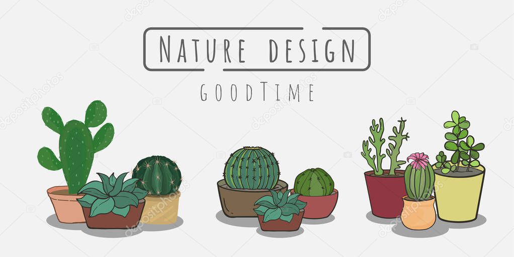 cactus painting Set, Indoor and outdoor landscape garden potted plants isolated on white, Vector set cactus in the pot.