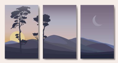 Bir dizi minimalist peyzaj soyut modern kolajlar, dağlar göl duvarı sanat poster tasarımı, yürüyüş macera arka planı. Vektör illüstrasyonu