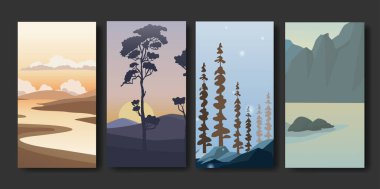 Bir dizi minimalist peyzaj soyut modern kolajlar, dağlar göl duvarı sanat poster tasarımı, yürüyüş macera arka planı. Vektör illüstrasyonu