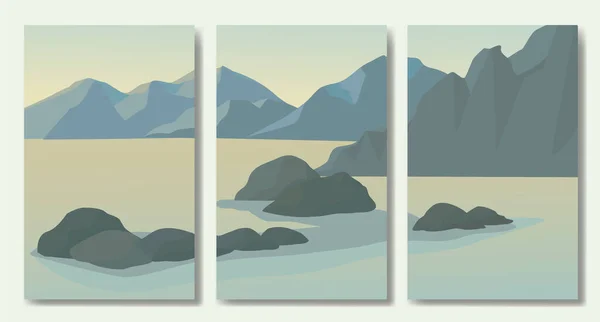 ミニマルな風景抽象的な現代のコラージュのセットは 山の湖の月の壁のアートポスターデザイン ハイキングの冒険の背景 ベクターイラスト — ストックベクタ