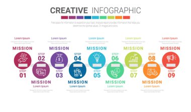 9 seçenekli bilgi tasarım şablonu, işlem şeması, sunumlar, iş akışı düzeni, pankart, akış şeması, bilgi grafiği için kullanılabilir.