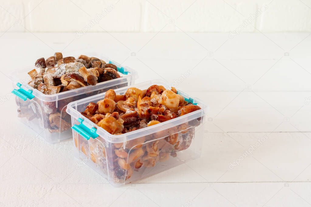 Semi-finished products. Frozen food. Agaric of honey mushrooms in plastic containers. Food preparation for winter
