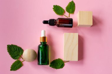 Yeşil nane ya da nane şekeri yaprakları ve pembe zemin üzerinde cam damlatan nane yağı şişelerinin üst görüntüsü. Doğal bitkisel tıbbi aromatik bitki konsepti