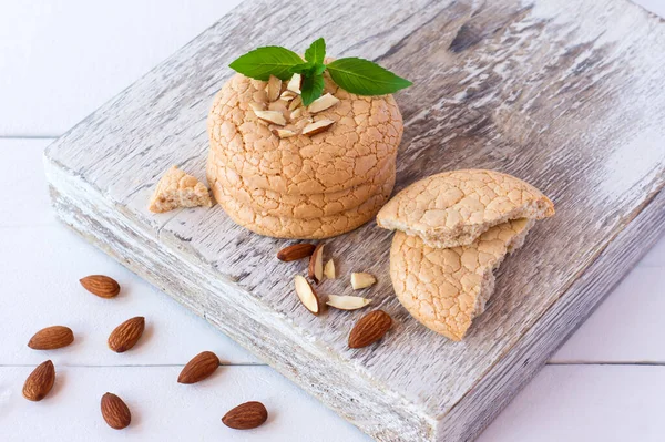 Stuck Almond Cookies Mint Nuts White Cutting Board — Stock Photo, Image