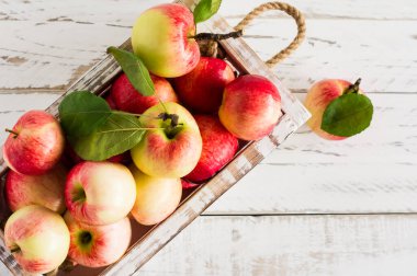 Sonbahar bahçe elmaları beyaz bir masa üzerinde ahşap bir kutuda. Sonbahar ve hasat kavramı.