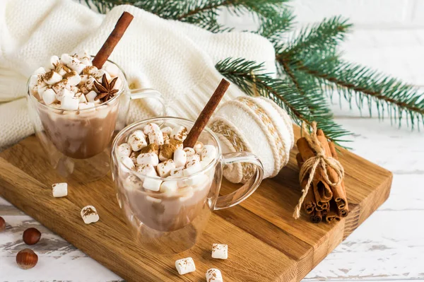 Bebida Tradicional Navidad Chocolate Caliente Cacao Con Malvaviscos Sobre Fondo — Foto de Stock
