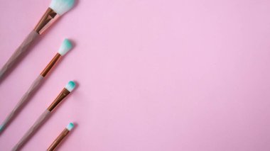 Pembe üzerine izole edilmiş makyaj fırçaları. Düz yatıyordu.