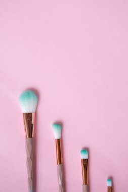 Pembe üzerine izole edilmiş makyaj fırçaları. Düz yatıyordu.