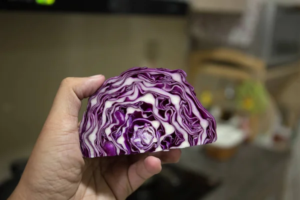 Una Rebanada Col Morada Mano Masculina — Foto de Stock