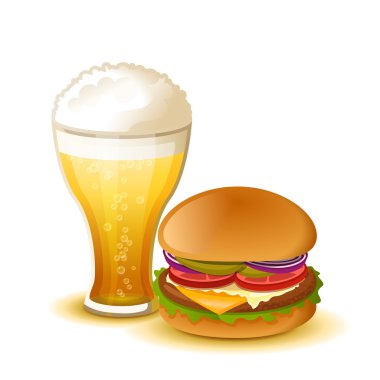 Beyaz arka plan üzerinde izole bira ile klasik çizburger