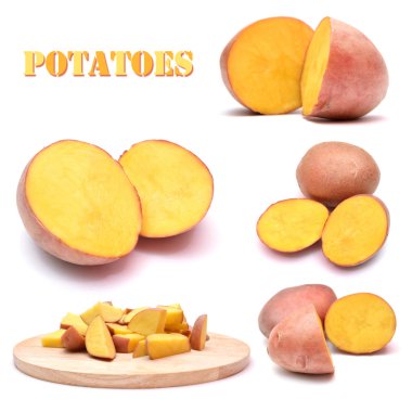 Beyaz izole patates kümesi. Çiğ patates dilimlenmiş