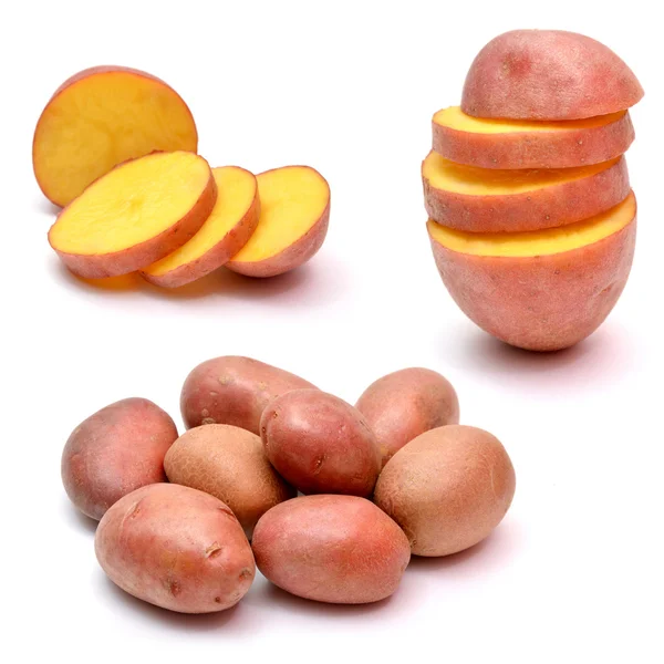 Conjunto de tubérculos de patata aislados en blanco. Patatas crudas en rodajas —  Fotos de Stock