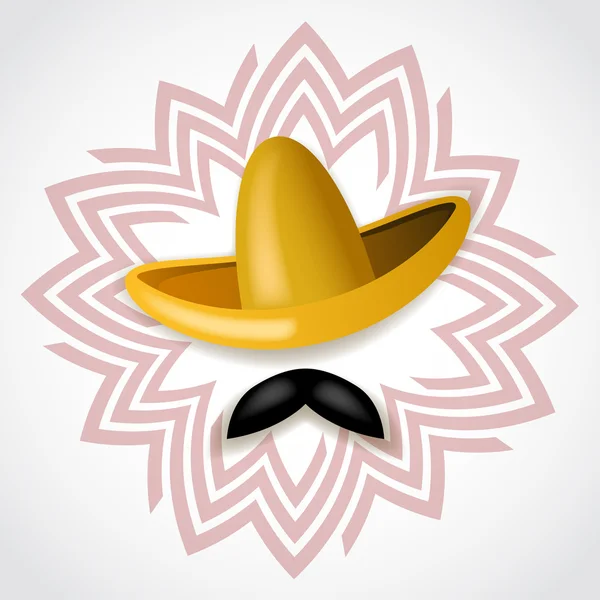 Yellow sombrero and black mustache on the background of the national Mexican pattern — Stock Vector