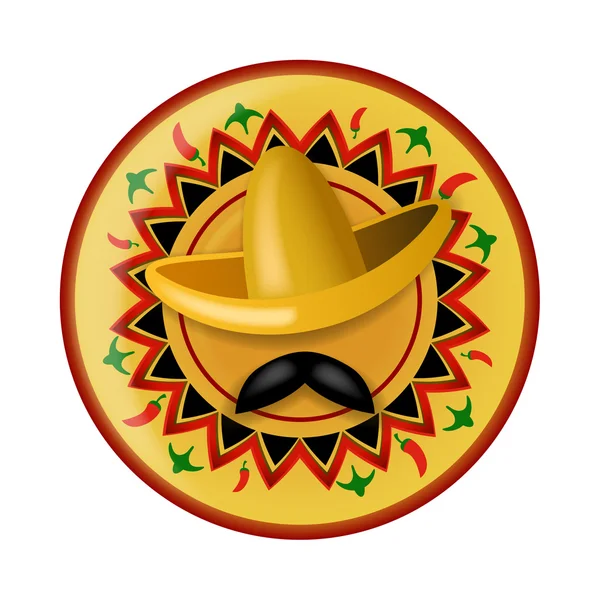 Sombrero és fekete bajuszát, háttérben a mexikói dísz festett lemez — Stock Vector