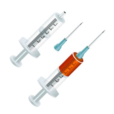 İki batar, bir boş, diğeri kan veya enjekte edilebilir çözümü ile dolu. İğne ile boş şırınga kesilir. Beyaz arka plan üzerinde izole.