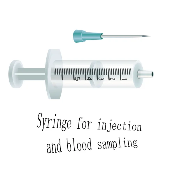Spritze zur Injektion und Blutentnahme. Spritze isoliert auf weißem Hintergrund mit separater Nadel — Stockvektor