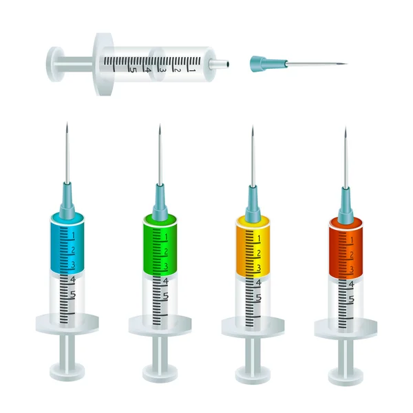 Syringes filled with colored injectable solutions and one empty syringe with disconnected needle. — Stock Vector