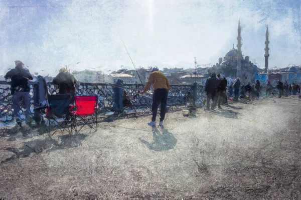 İstanbul 'daki Galata Köprüsü' nde (Türkçe: Galata Kprs) balık tutan balıkçılar