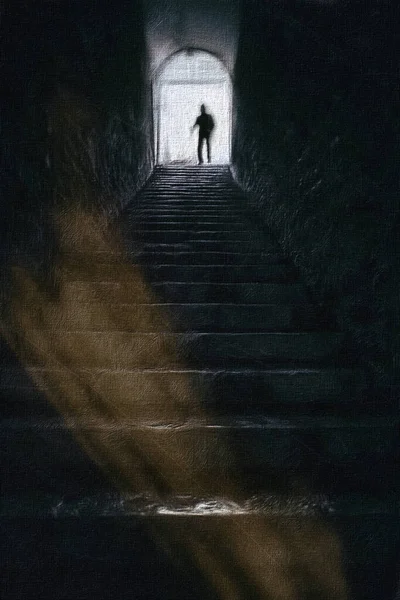 Yağlı boya boya efektli bir fotoğraf. Eski, karanlık ve ıslak taş merdivenlerin koridoruna giren birinin fotoğrafı..