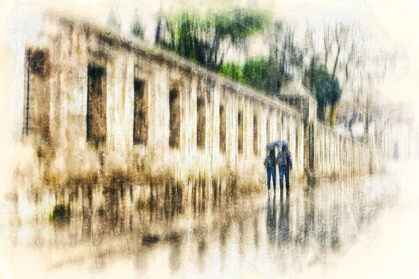 Yağlı boya efekti yağmurda yürüyen bir çiftin fotoğrafı..