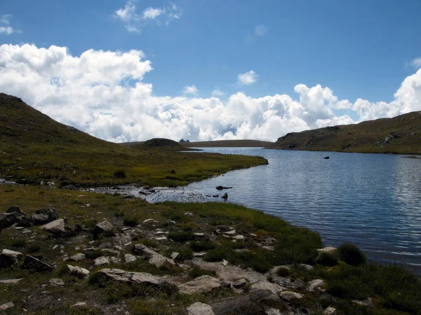 Ağustosta güneşli bir günde 2700 metre yüksekliğinde dağ zirveleri olan küçük bir dağlık göl manzarası.