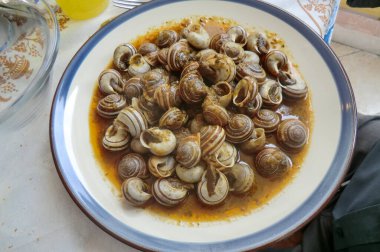 Toskana çiftliğinde bir tabak salyangozla öğle yemeği.