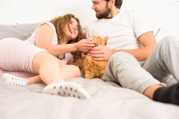 고양이와 놀고 침대에 젊은 부부 — 스톡 사진