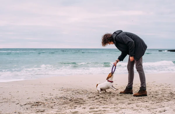 Mann spielt mit Jack Russel Terrier am Strand — Stockfoto