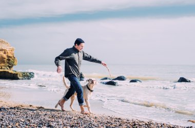 Labrador köpek ile kumsalda oynarken adam