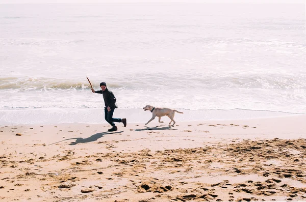 Labrador köpek ile kumsalda oynarken adam
