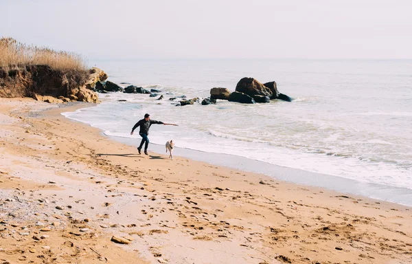 Чоловік грає з собакою — стокове фото