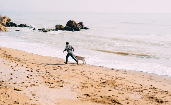 Hombre jugando con perro labrador en la playa — Foto de Stock