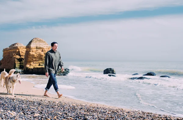 Siberian dış yapraklar ve labrador köpek ile kumsalda yürüyen adam