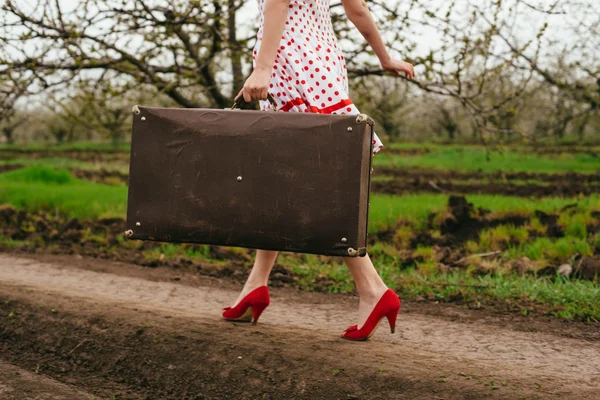 Woman holding retro suitcase in field — Stock Photo, Image