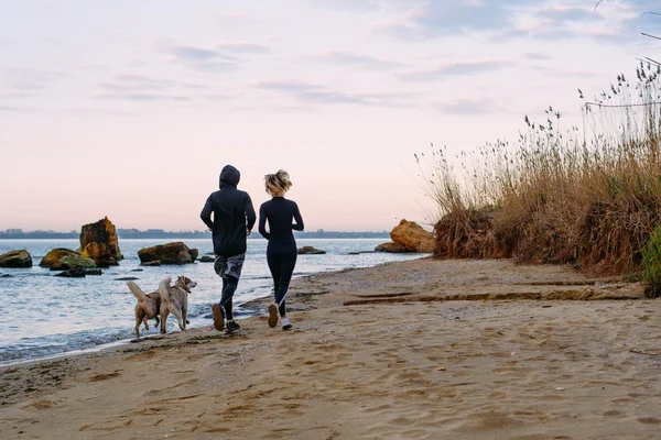 fitness couple with dogs running on beach