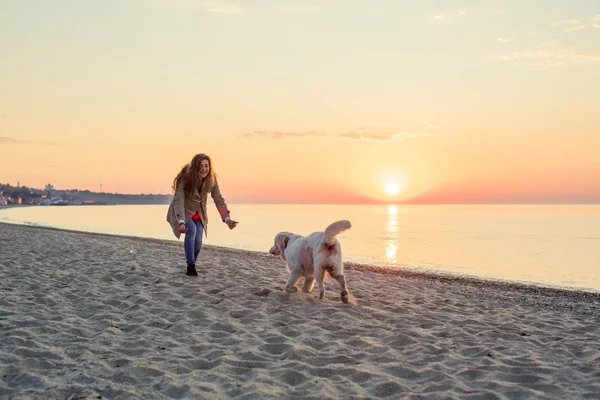 Молода жінка грає зі своєю собакою — стокове фото