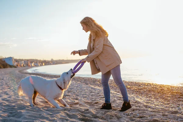 Jovem mulher brincando com seu cão — Fotografia de Stock