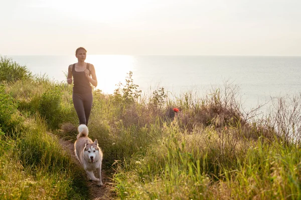 Frau und Husky joggen im Park — Stockfoto